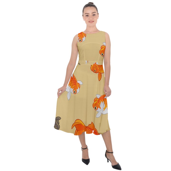 Gold Fish Seamless Pattern Background Midi Tie-Back Chiffon Dress