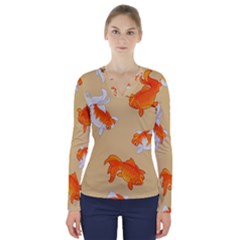 Gold Fish Seamless Pattern Background V-neck Long Sleeve Top by Wegoenart