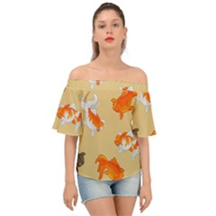 Gold Fish Seamless Pattern Background Off Shoulder Short Sleeve Top by Wegoenart