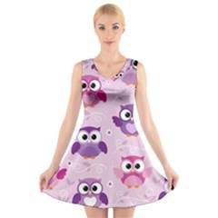 Seamless Cute Colourfull Owl Kids Pattern V-neck Sleeveless Dress by Wegoenart