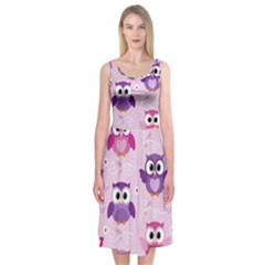 Seamless Cute Colourfull Owl Kids Pattern Midi Sleeveless Dress by Wegoenart