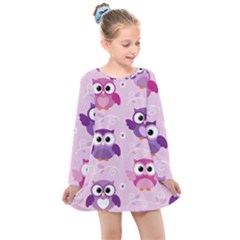 Seamless Cute Colourfull Owl Kids Pattern Kids  Long Sleeve Dress by Wegoenart