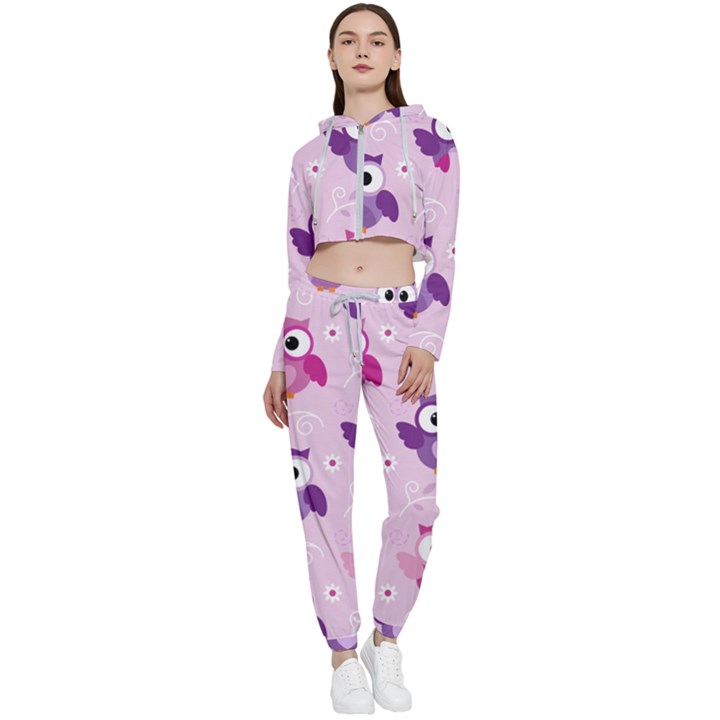 Seamless Cute Colourfull Owl Kids Pattern Cropped Zip Up Lounge Set