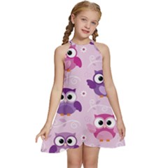 Seamless Cute Colourfull Owl Kids Pattern Kids  Halter Collar Waist Tie Chiffon Dress by Wegoenart