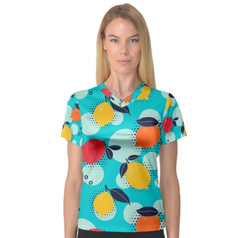 Pop Art Style Citrus Seamless Pattern V-neck Sport Mesh Tee by Wegoenart