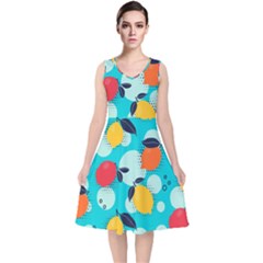 Pop Art Style Citrus Seamless Pattern V-neck Midi Sleeveless Dress 