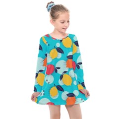 Pop Art Style Citrus Seamless Pattern Kids  Long Sleeve Dress by Wegoenart