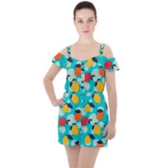 Pop Art Style Citrus Seamless Pattern Ruffle Cut Out Chiffon Playsuit