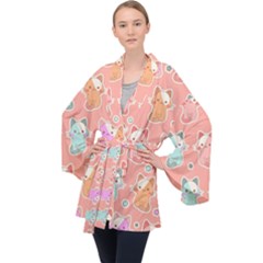 Cute Kawaii Kittens Seamless Pattern Long Sleeve Velvet Kimono  by Wegoenart