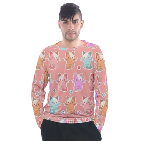 Cute Kawaii Kittens Seamless Pattern Men s Long Sleeve Raglan Tee by Wegoenart