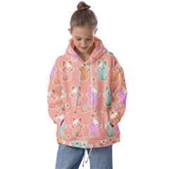 Cute Kawaii Kittens Seamless Pattern Kids  Oversized Hoodie by Wegoenart