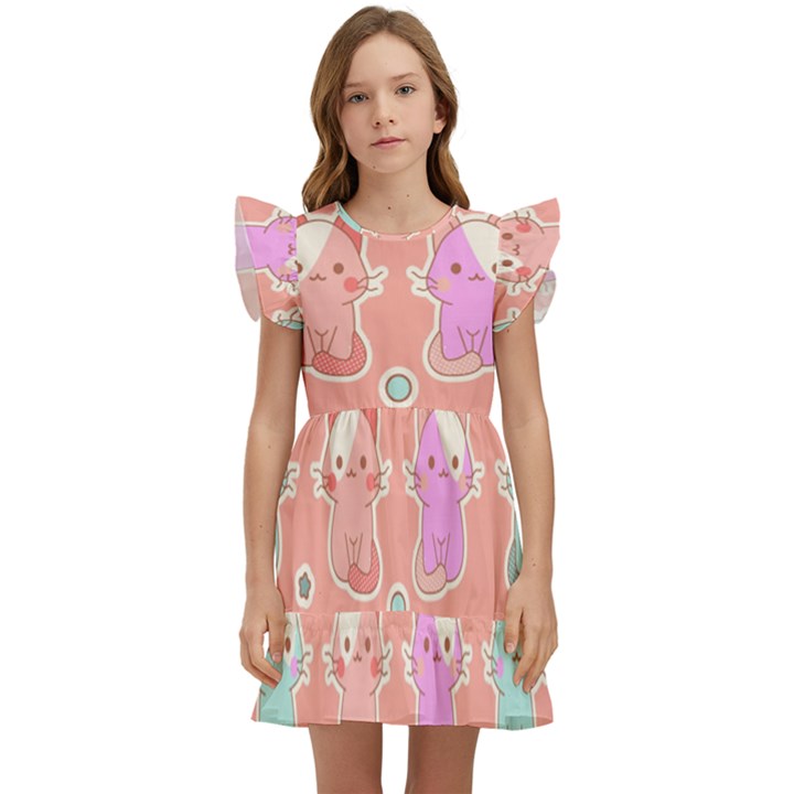 Cute Kawaii Kittens Seamless Pattern Kids  Winged Sleeve Dress