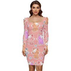 Cute Kawaii Kittens Seamless Pattern Women Long Sleeve Ruched Stretch Jersey Dress by Wegoenart