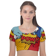 Pow Word Pop Art Style Expression Vector Velvet Short Sleeve Crop Top  by Wegoenart