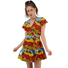 Pow Word Pop Art Style Expression Vector Flutter Sleeve Wrap Dress by Wegoenart