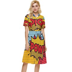 Pow Word Pop Art Style Expression Vector Button Top Knee Length Dress by Wegoenart