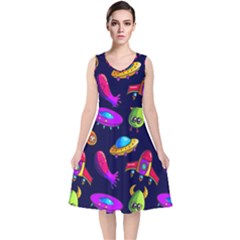 Space Pattern V-neck Midi Sleeveless Dress 