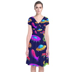 Space Pattern Short Sleeve Front Wrap Dress by Wegoenart