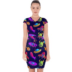 Space Pattern Capsleeve Drawstring Dress  by Wegoenart