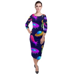 Space Pattern Quarter Sleeve Midi Velour Bodycon Dress by Wegoenart