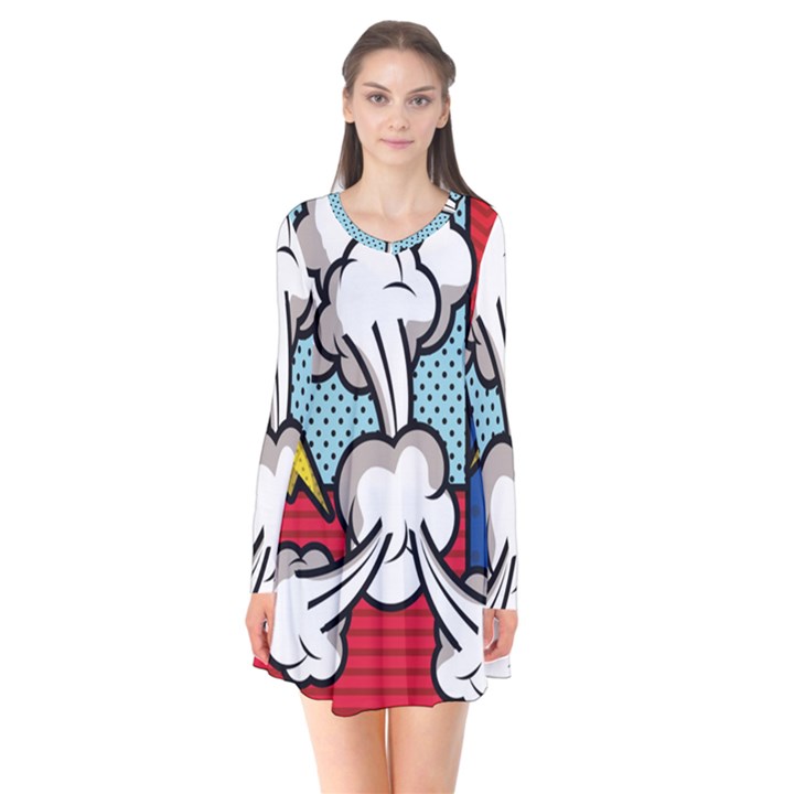 Rays Smoke Pop Art Style Vector Illustration Long Sleeve V-neck Flare Dress