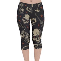 Grunge Seamless Pattern With Skulls Velvet Capri Leggings  by Wegoenart