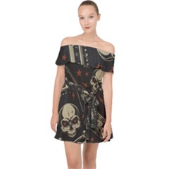 Grunge Seamless Pattern With Skulls Off Shoulder Chiffon Dress by Wegoenart