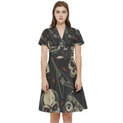 Grunge Seamless Pattern With Skulls Short Sleeve Waist Detail Dress by Wegoenart