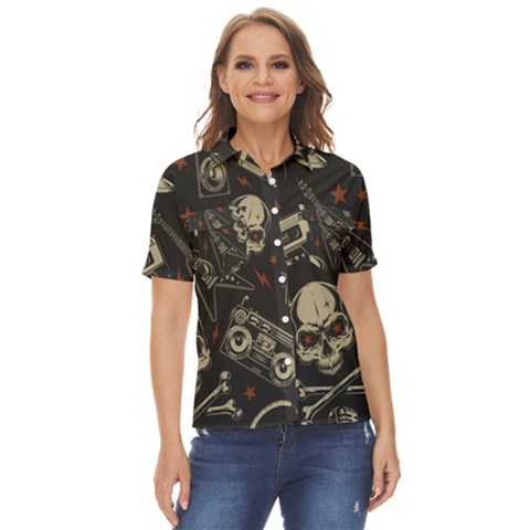 Grunge Seamless Pattern With Skulls Women s Short Sleeve Double Pocket Shirt by Wegoenart