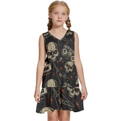 Grunge Seamless Pattern With Skulls Kids  Sleeveless Tiered Mini Dress by Wegoenart