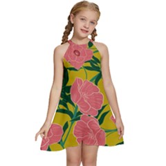 Pink Flower Seamless Pattern Kids  Halter Collar Waist Tie Chiffon Dress by Wegoenart