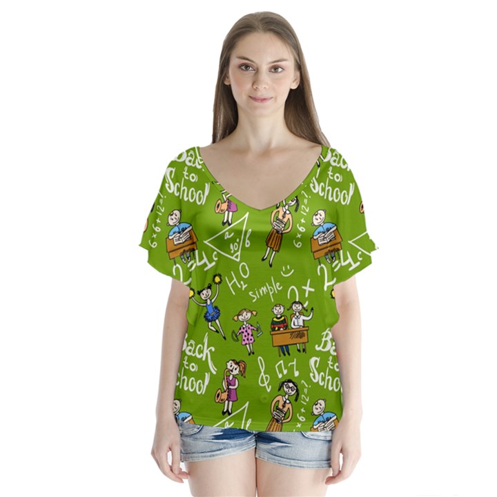 Seamless Pattern With Kids V-Neck Flutter Sleeve Top