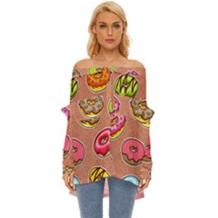 Doughnut Doodle Colorful Seamless Pattern Off Shoulder Chiffon Pocket Shirt by Wegoenart