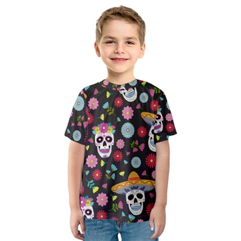 Day Dead Skull With Floral Ornament Flower Seamless Pattern Kids  Sport Mesh Tee by Wegoenart