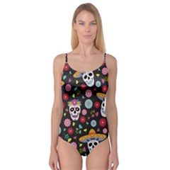 Day Dead Skull With Floral Ornament Flower Seamless Pattern Camisole Leotard  by Wegoenart