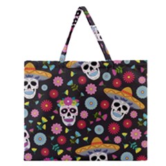 Day Dead Skull With Floral Ornament Flower Seamless Pattern Zipper Large Tote Bag by Wegoenart