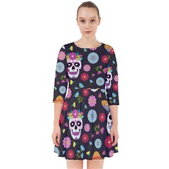 Day Dead Skull With Floral Ornament Flower Seamless Pattern Smock Dress by Wegoenart