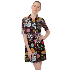 Day Dead Skull With Floral Ornament Flower Seamless Pattern Belted Shirt Dress by Wegoenart