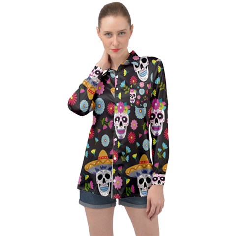 Day Dead Skull With Floral Ornament Flower Seamless Pattern Long Sleeve Satin Shirt by Wegoenart