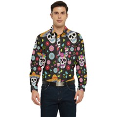 Day Dead Skull With Floral Ornament Flower Seamless Pattern Men s Long Sleeve Pocket Shirt  by Wegoenart