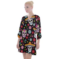 Day Dead Skull With Floral Ornament Flower Seamless Pattern Open Neck Shift Dress by Wegoenart