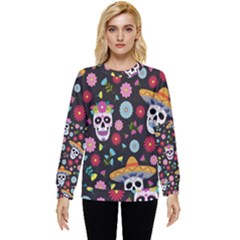 Day Dead Skull With Floral Ornament Flower Seamless Pattern Hidden Pocket Sweatshirt by Wegoenart