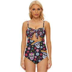 Day Dead Skull With Floral Ornament Flower Seamless Pattern Knot Front One-piece Swimsuit by Wegoenart