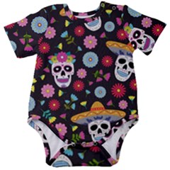 Day Dead Skull With Floral Ornament Flower Seamless Pattern Baby Short Sleeve Onesie Bodysuit by Wegoenart