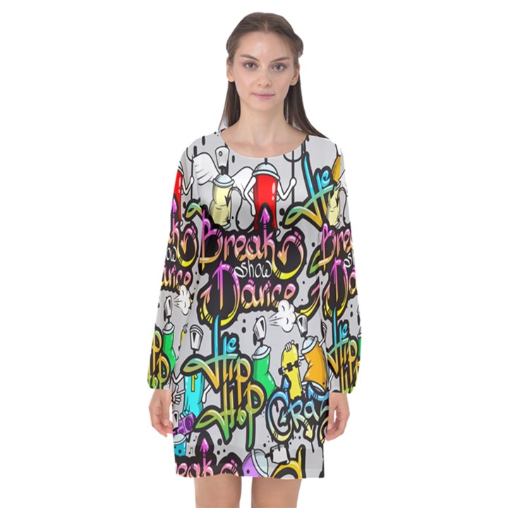 Hip Hop Background Long Sleeve Chiffon Shift Dress 