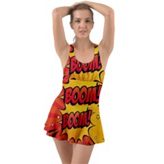 Explosion Boom Pop Art Style Ruffle Top Dress Swimsuit by Wegoenart