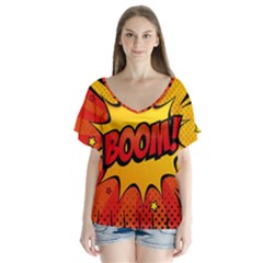 Explosion Boom Pop Art Style V-neck Flutter Sleeve Top by Wegoenart