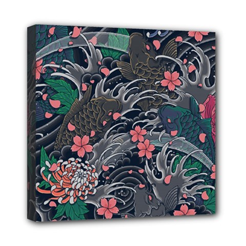 Japanese Wave Koi Illustration Seamless Pattern Mini Canvas 8  X 8  (stretched) by Wegoenart