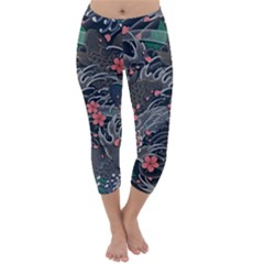 Japanese Wave Koi Illustration Seamless Pattern Capri Winter Leggings  by Wegoenart