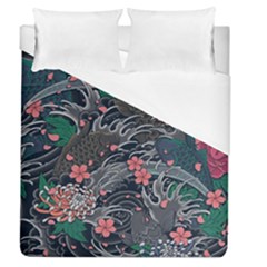 Japanese Wave Koi Illustration Seamless Pattern Duvet Cover (queen Size) by Wegoenart